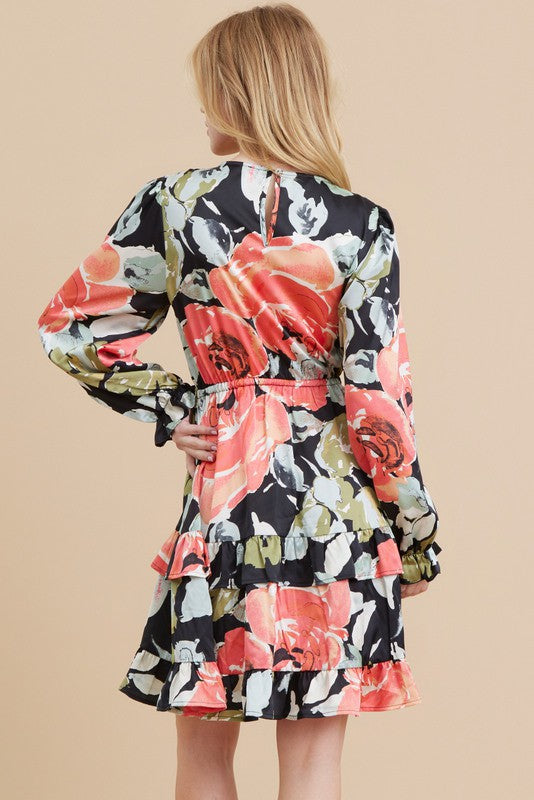 Stella Satin Flower Print Drawstring Dress