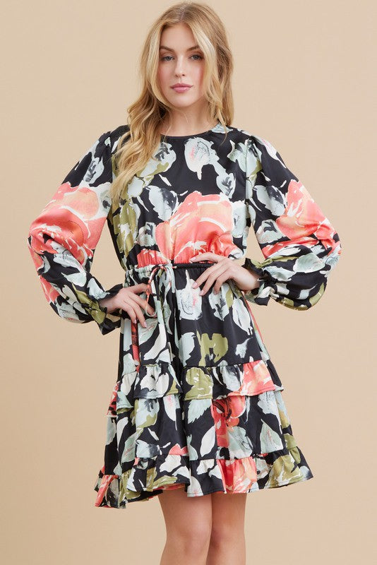 Stella Satin Flower Print Drawstring Dress