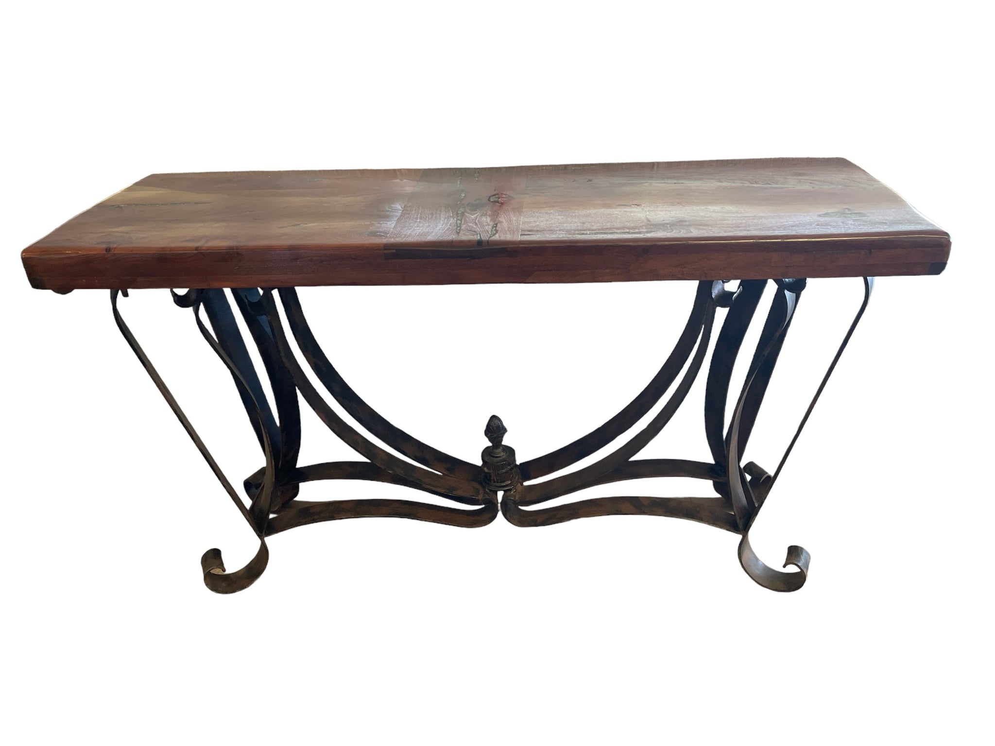 Custom Mesquite Sofa Table With Turquoise Inlay and Pineapple Iron Base