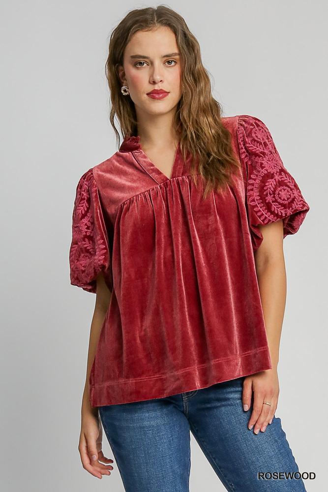 Maliah Puff Pattern Velvet Sleeve Top - Rosewood
