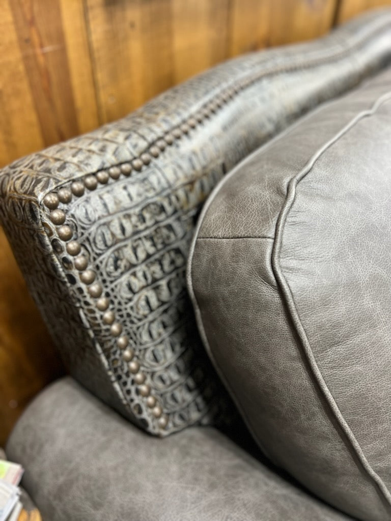Custom Silverado Power Reclining Sofa in Fargo Grey and Aged Gator