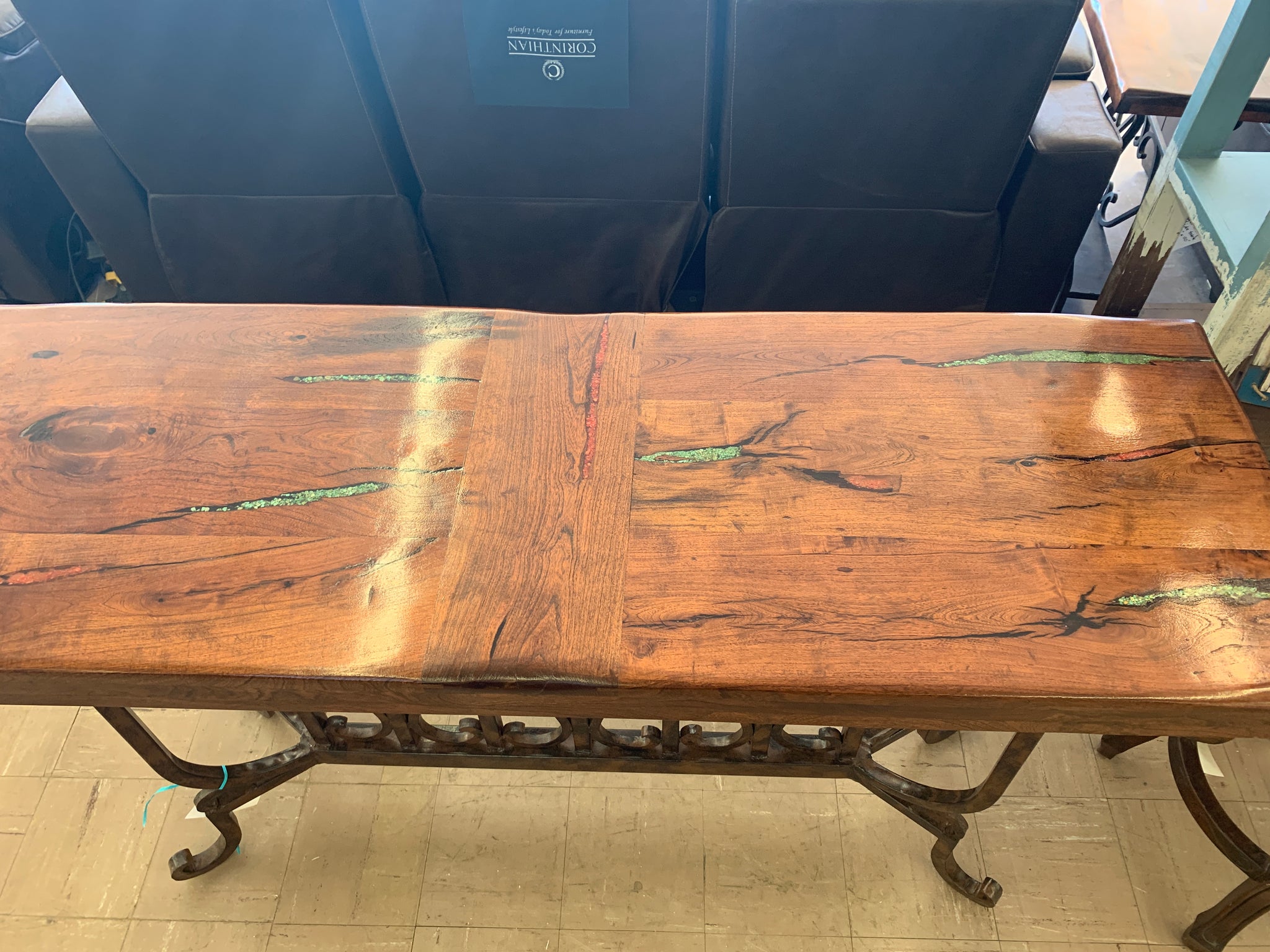 Custom Entry or Sofa Table with Turquoise & Coral Inlay