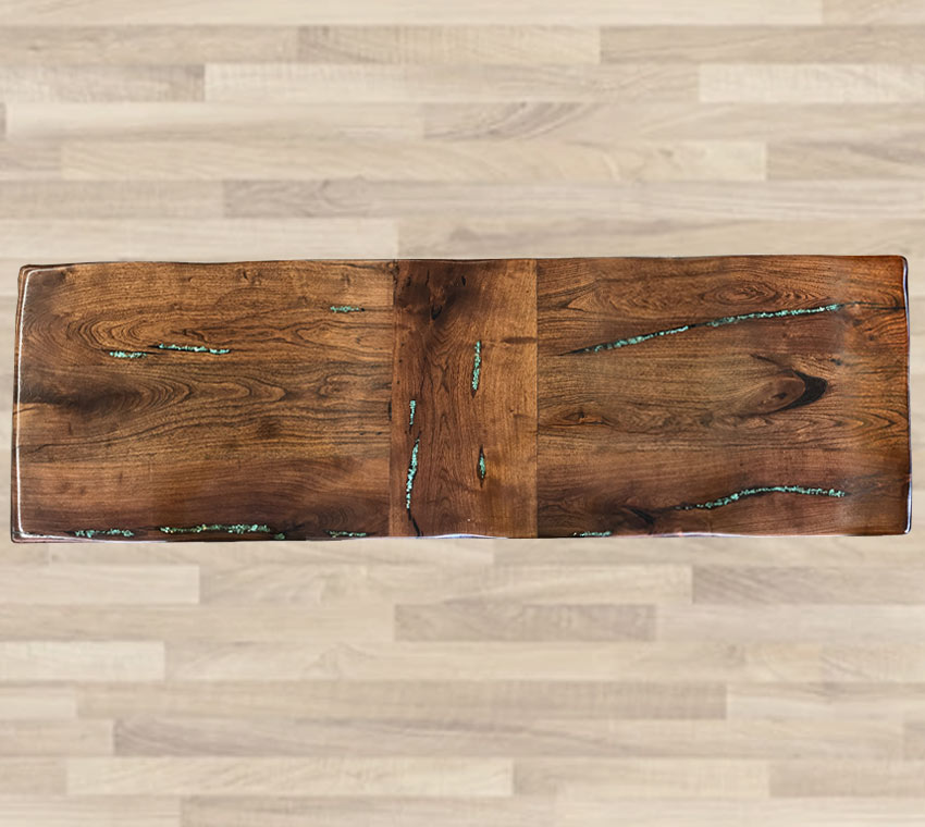 Custom Mesquite Lyre Sofa Table With Turquoise Inlay