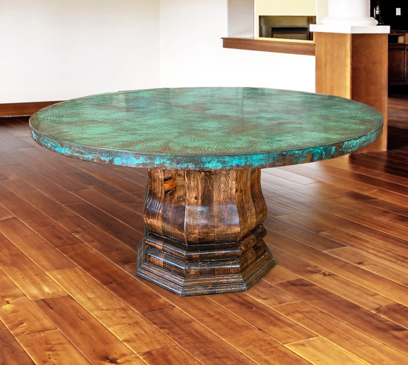Custom Hammered Copper Dining Table With Octagon Wooden Base