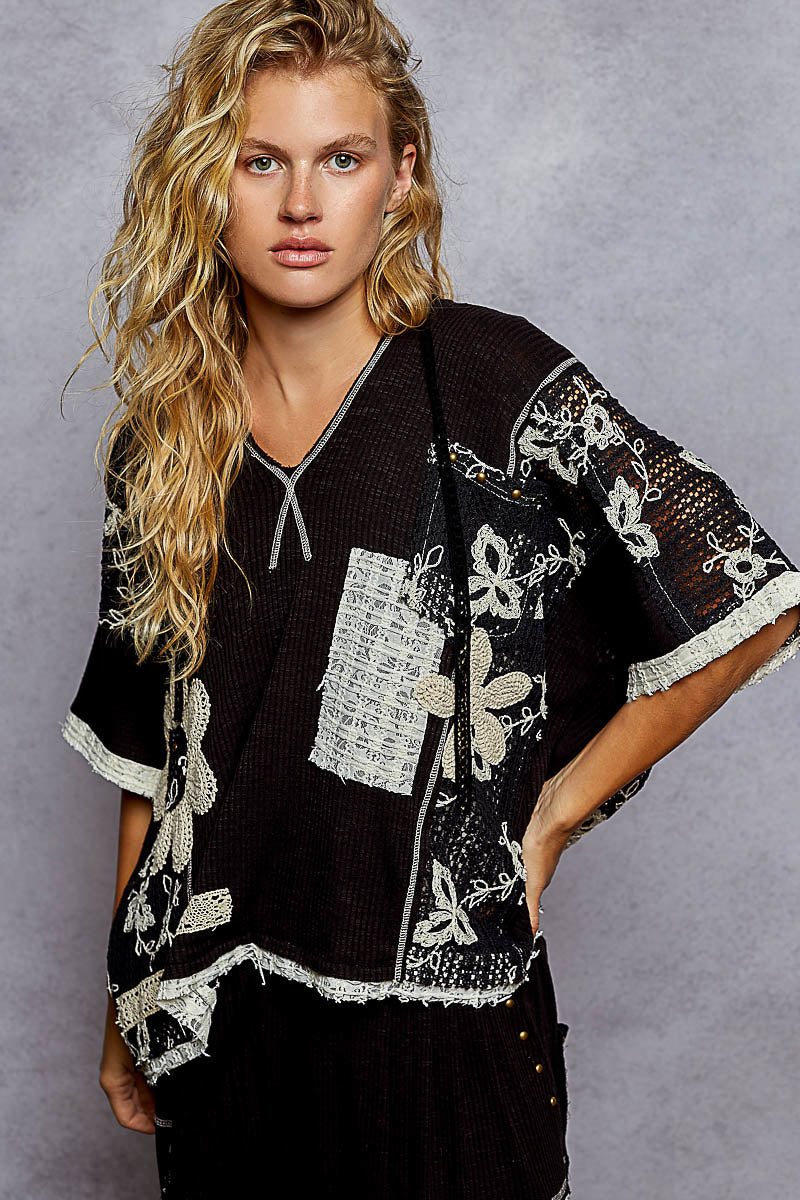 Black V-Neck Crochet Top YKT1395