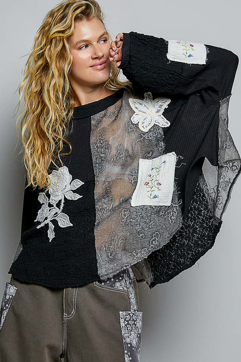 Black Crochet Patchwork Top YKT1732