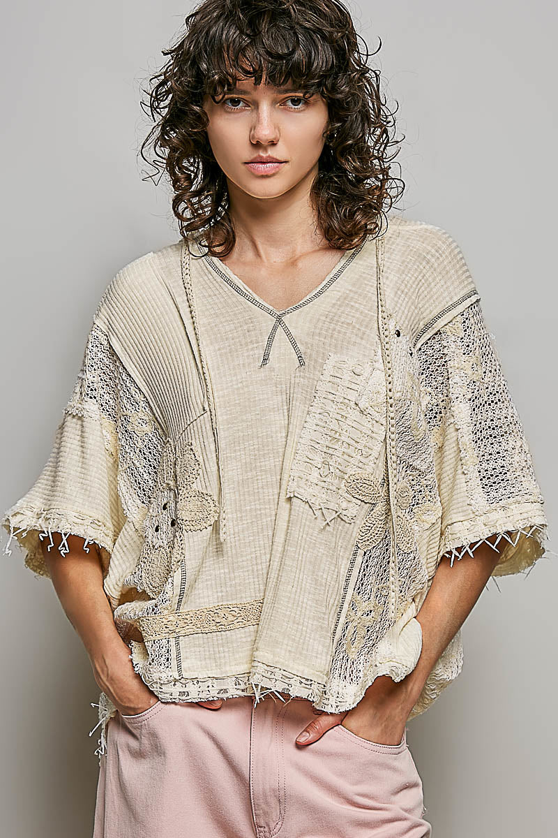 Cream V-Neck Crochet Top YKT1395