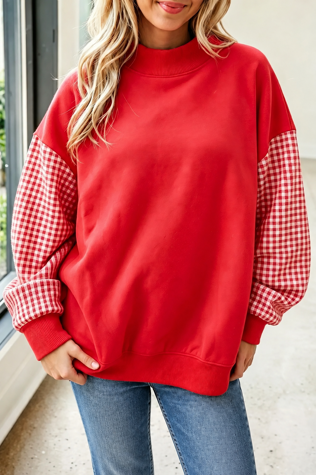 Red Plaid Sleeve Tunic Sweatshirt SW25322005