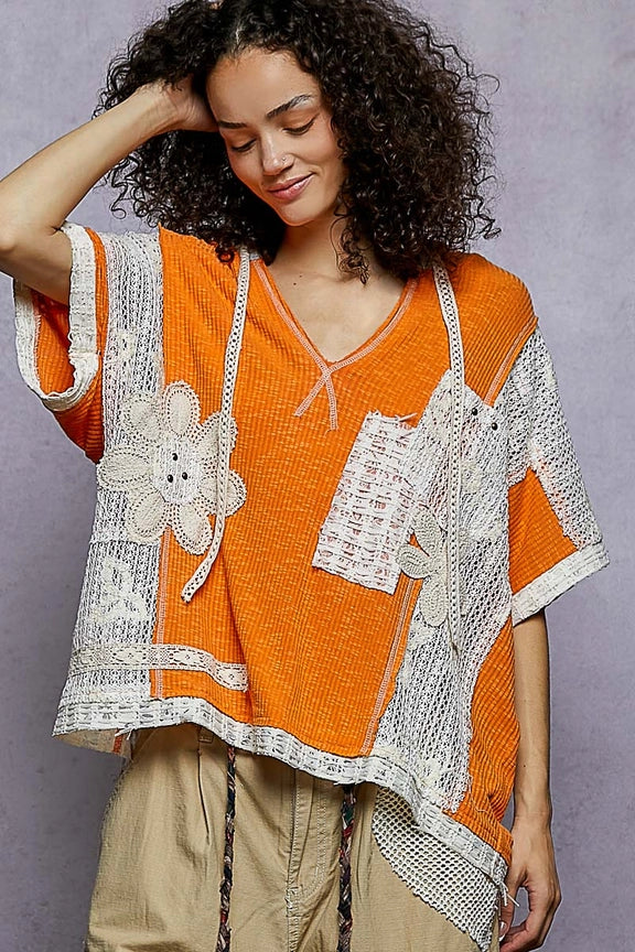 Orange V-Neck Crochet Top YKT1395