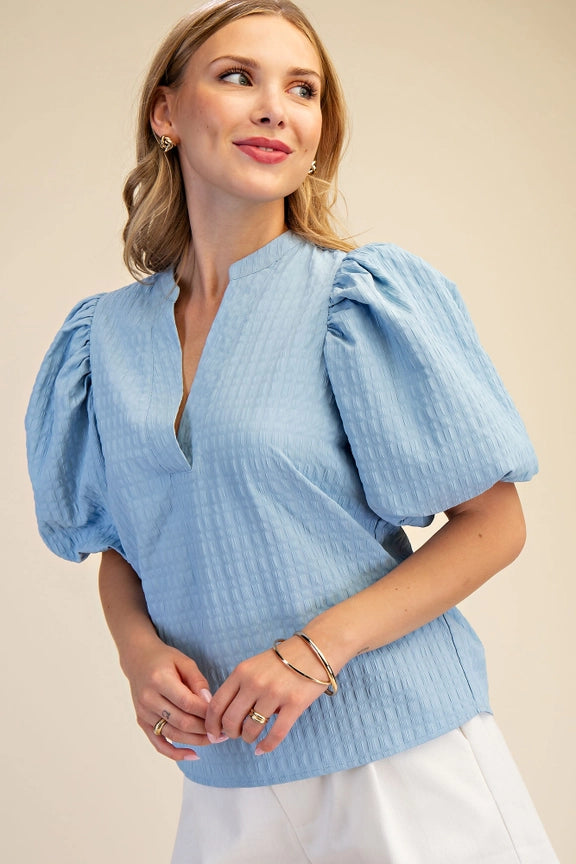 Blue Textured Puff Sleeve GT8882