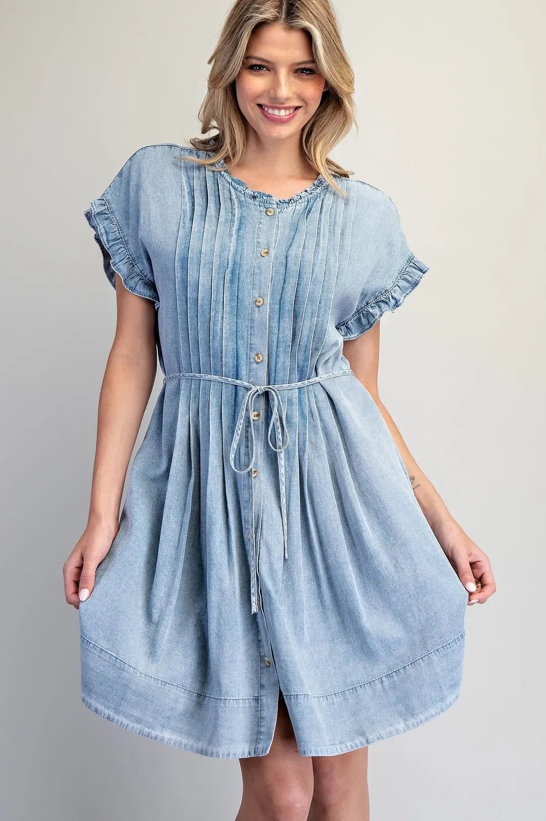 denim pleated dress Denim Pleated Mini Dress Lt Blue / S main image 1