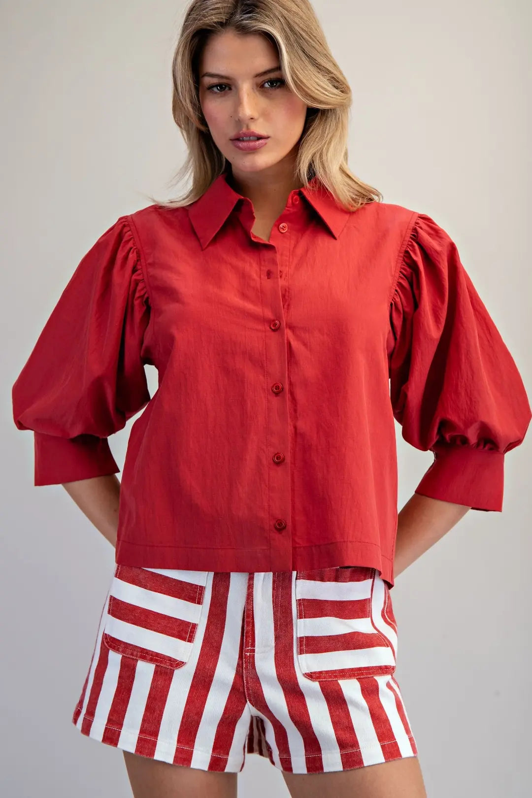 Red Solid Puff Sleeve Shirt TH15580