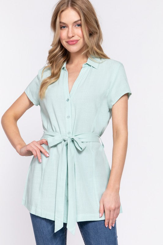 Lady May Belt and Collared Blouse in Mint