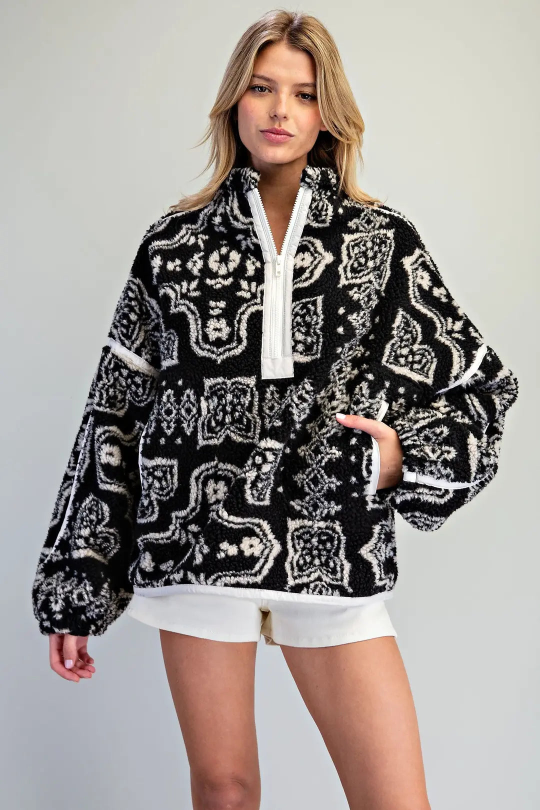 Patterned Fleece Quarter Zip Jacket JH17222
