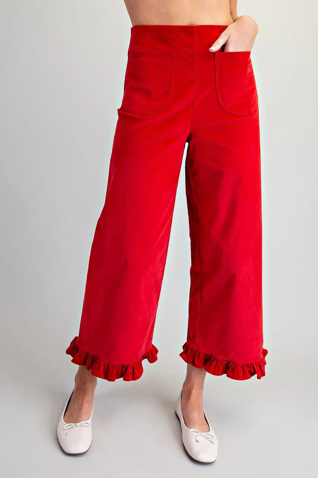 Red Ruffle Hem Velvet Pants PK18011