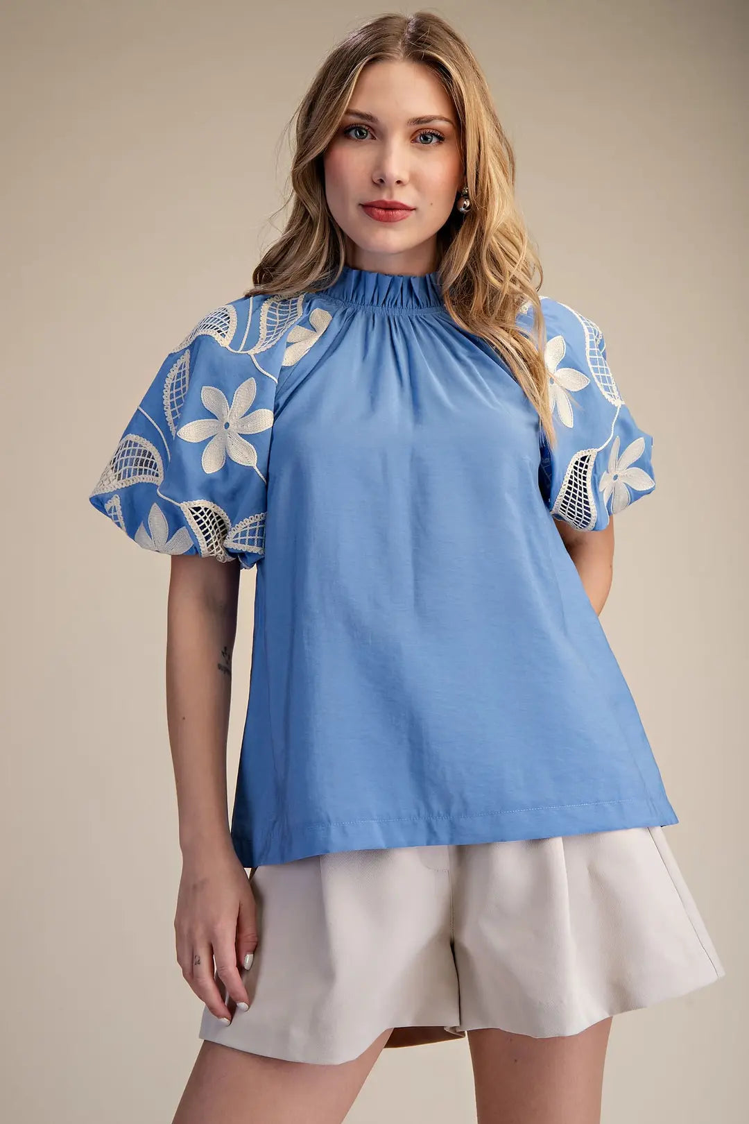 Blue Ruffle Neck Bubble Sleeve GT9610
