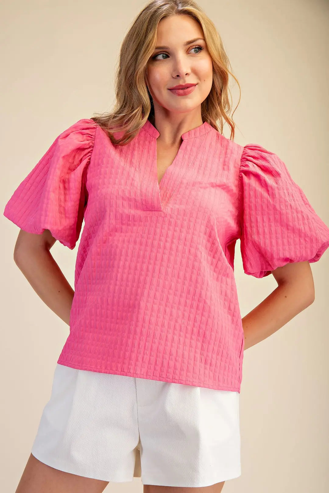Pink Textured Puff Sleeve GT8882