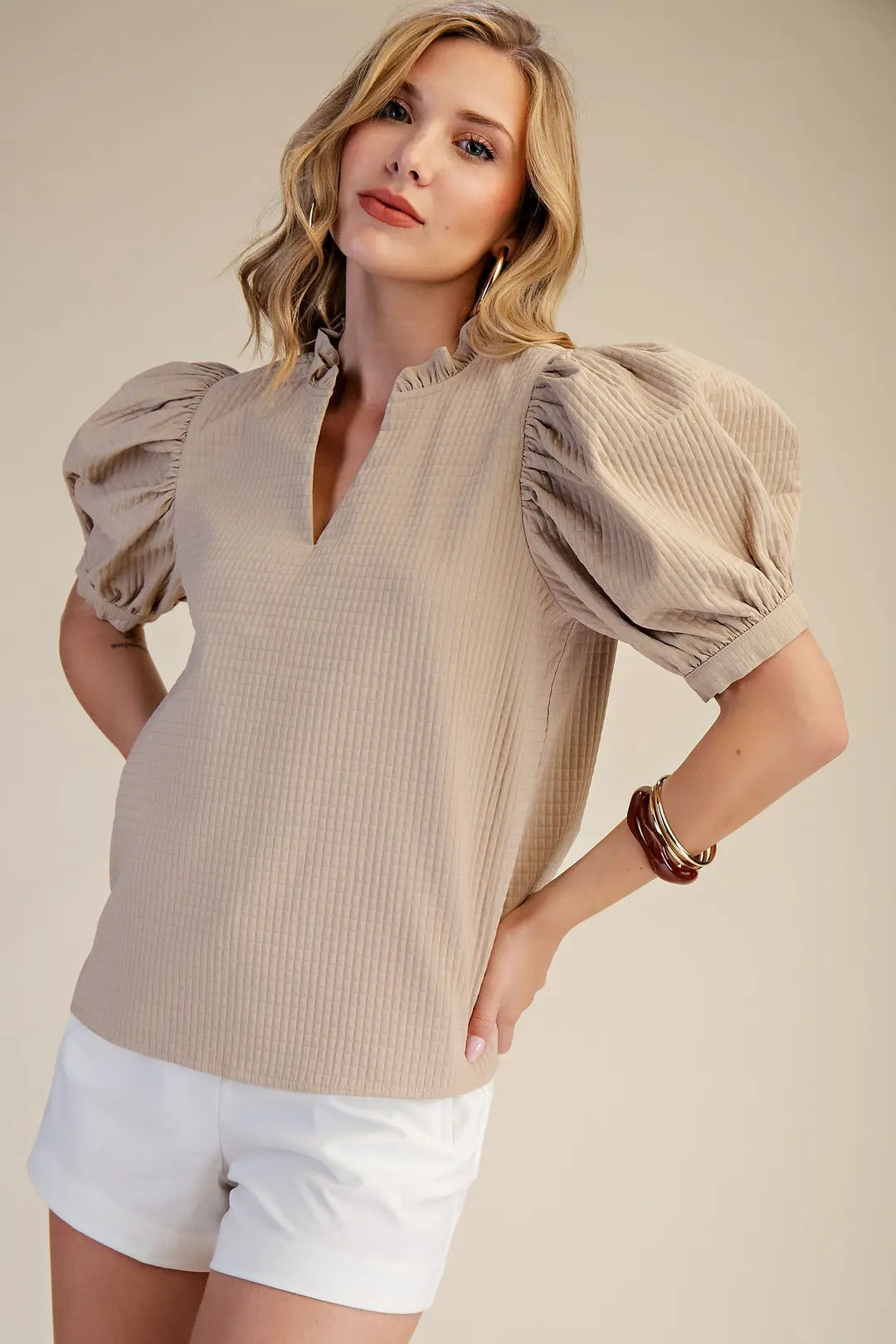 Taupe Ruffle Puff Sleeve Top GT9666