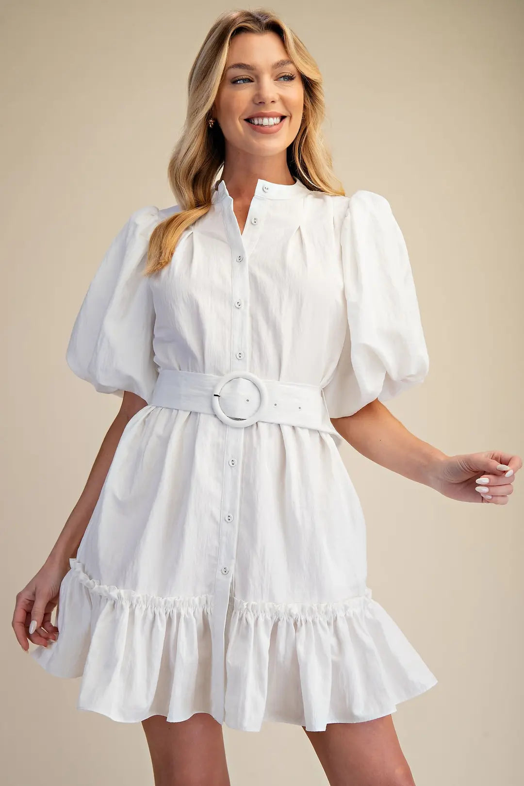 White Short-Sleeve Belted Dress GD8786