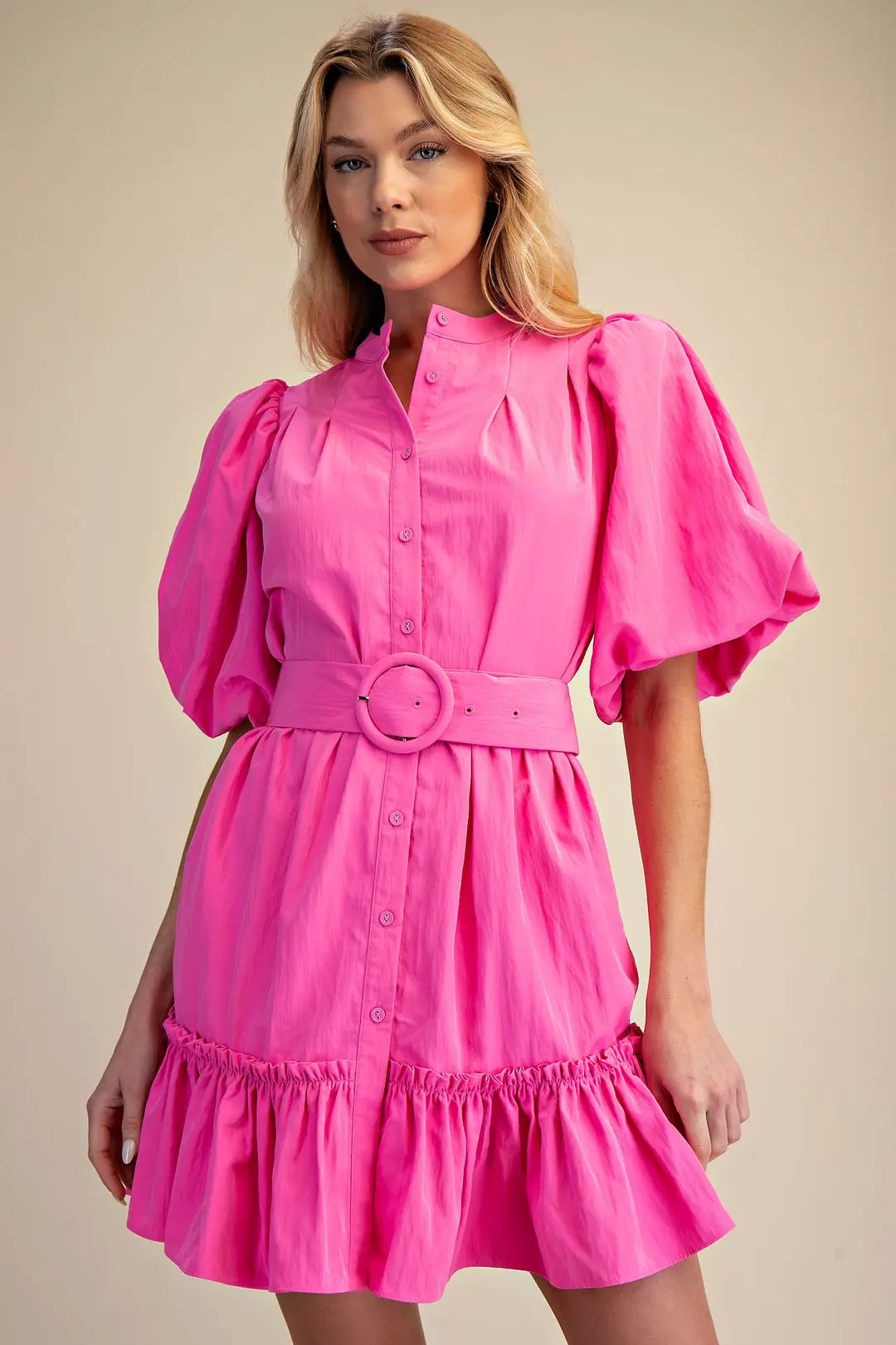 Pink Short-Sleeve Belted Dress GD8786
