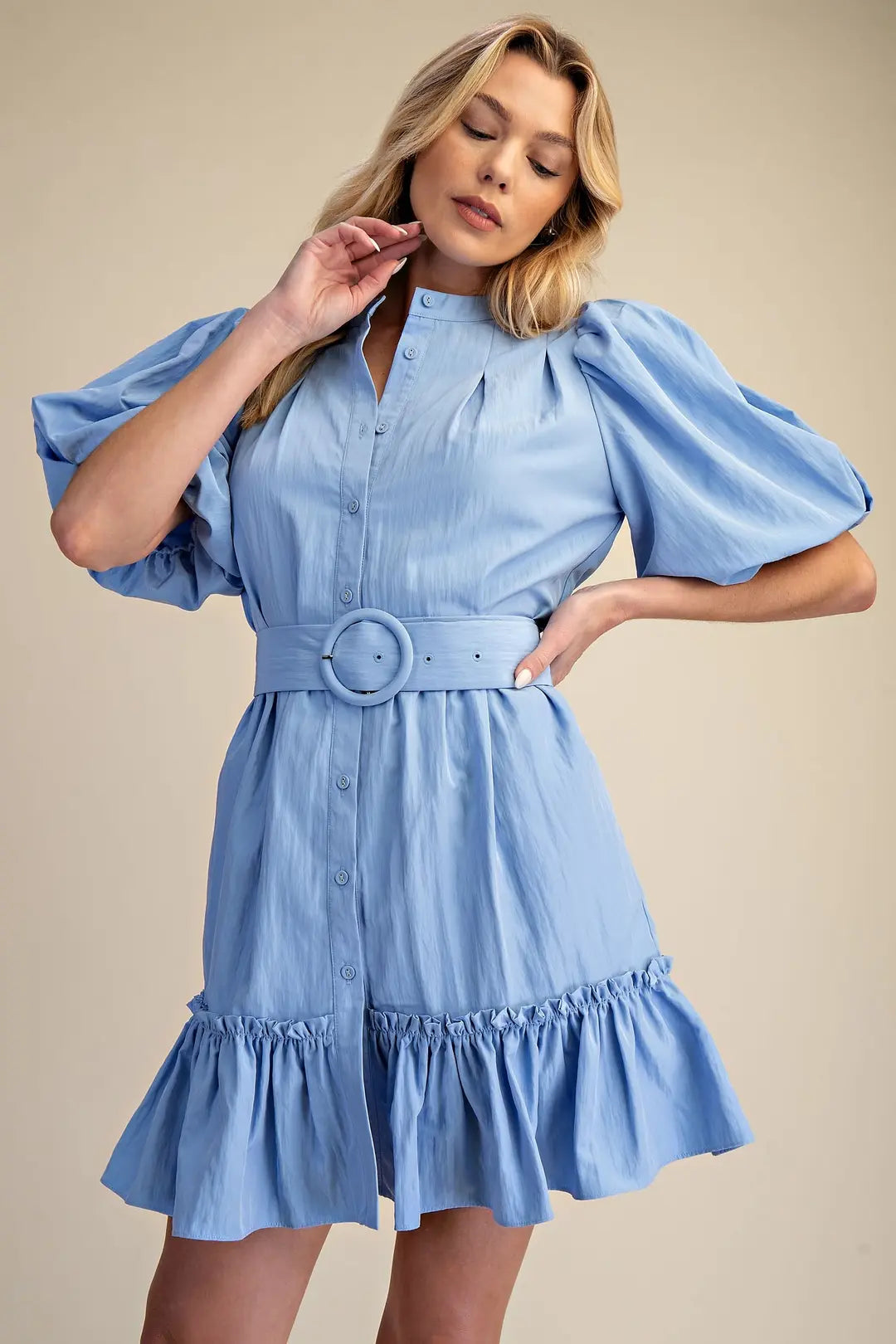 Blue Short-Sleeve Belted Dress GD8786