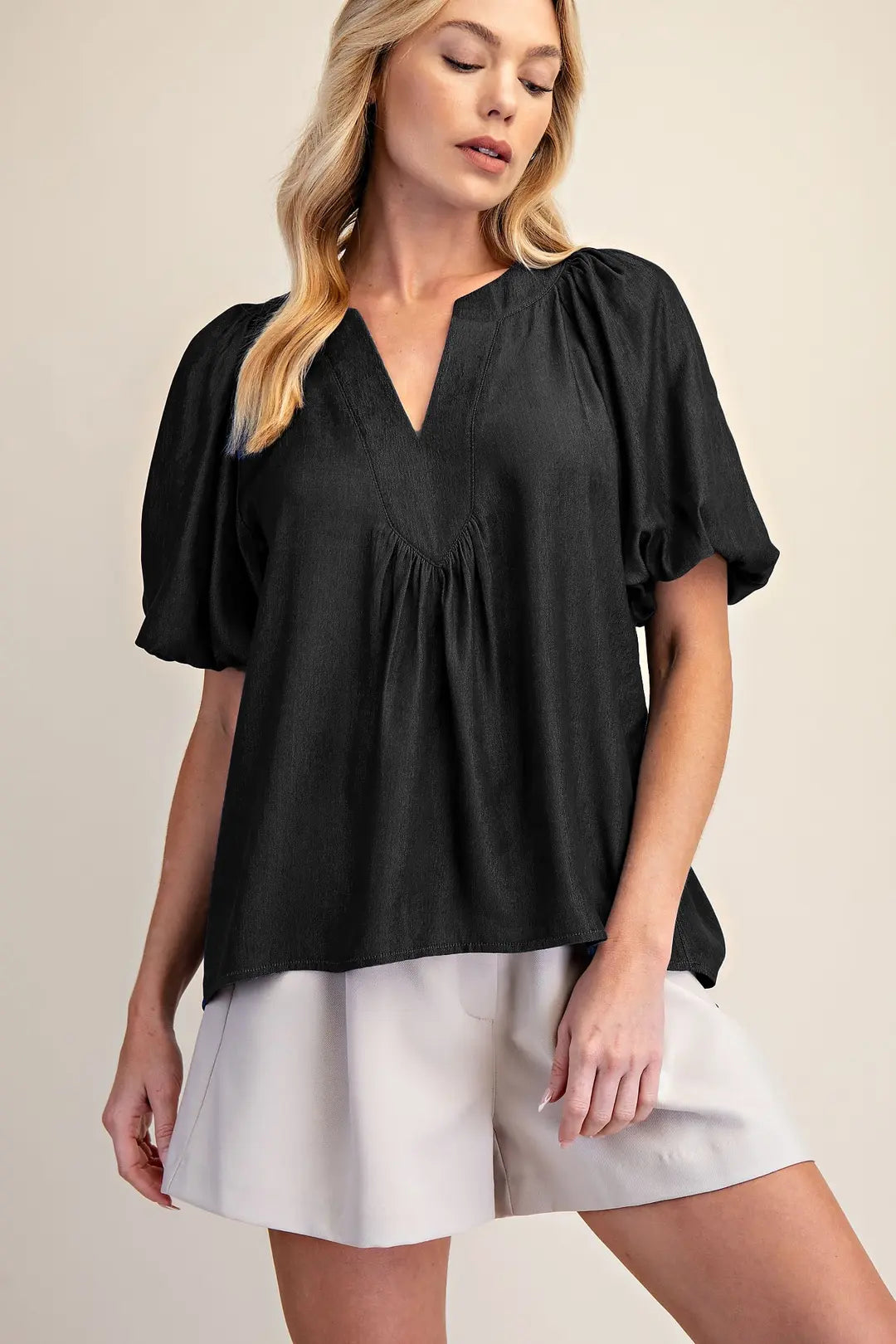 Black V-Neck Balloon Sleeve GT9828
