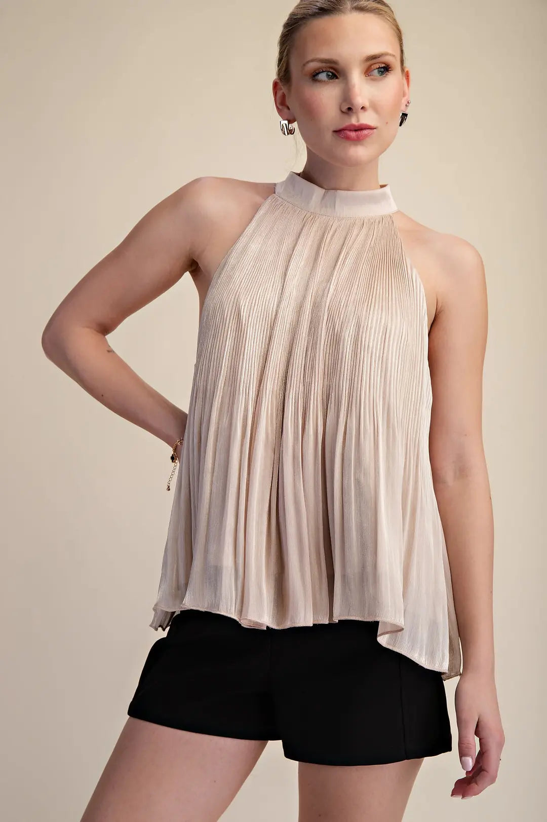 Taupe Halter Pleated Top T9041