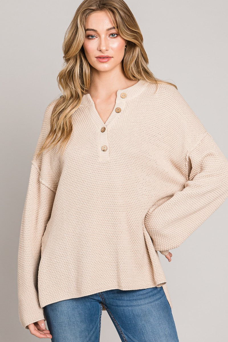 Lauren Oversized Henley Sweater in Sand