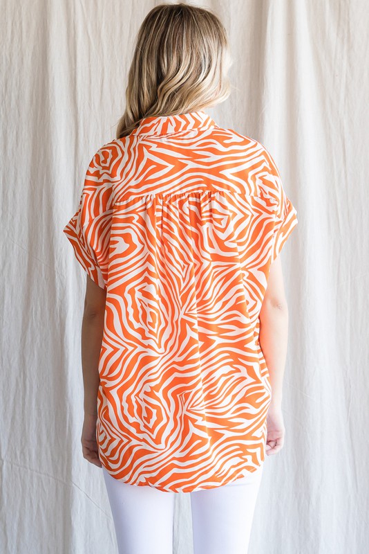 Tammy Collared Zebra Print Top in Orange