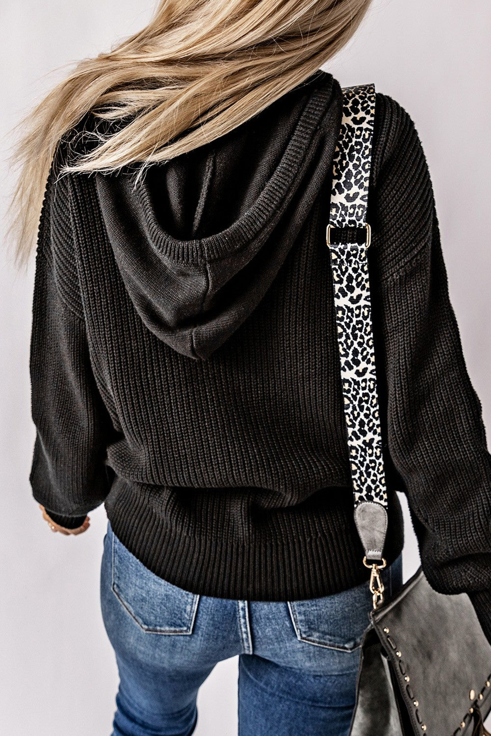 Cozy Chic: Henley V-Neck Hooded Knit Sweater in Black