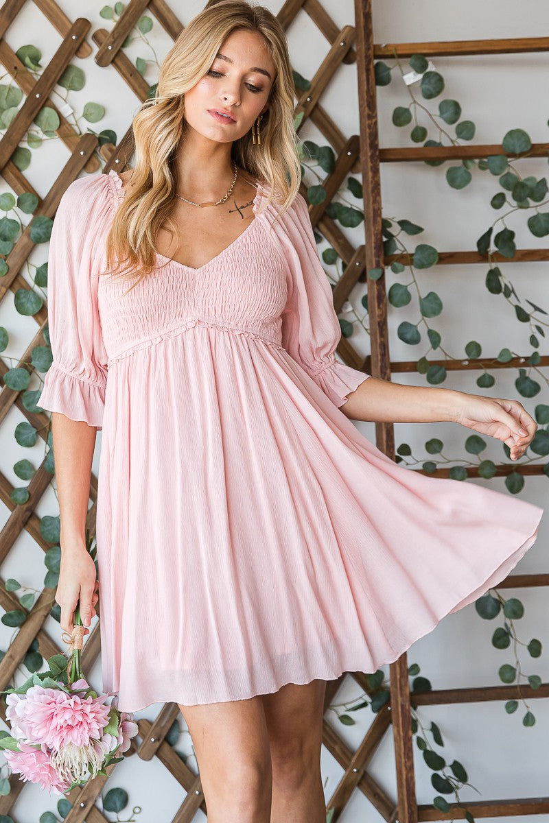 Elena Gauze V-Neck Mini Dress in Light Pink