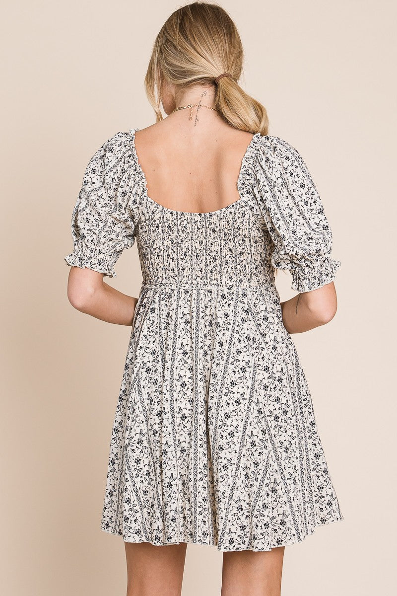 Naomi Smocked Flare Dress With Puff Sleeves in Black and Cream