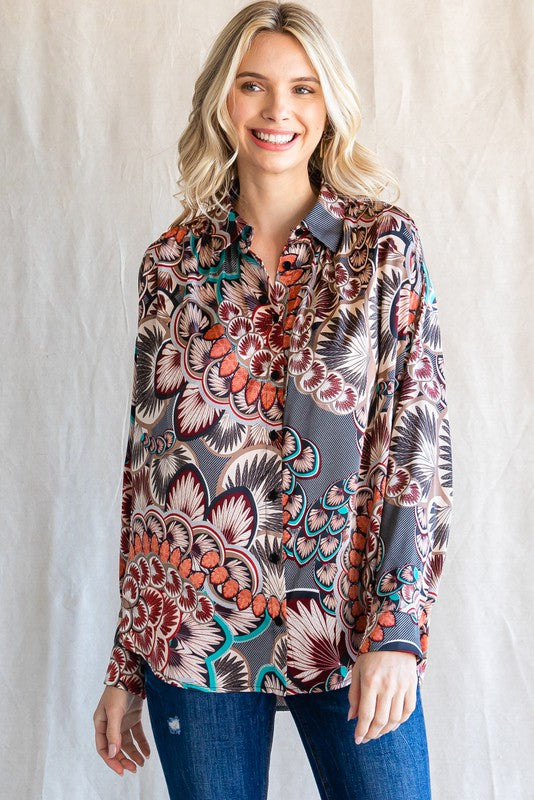 Abstract Floral Blouse in Taupe