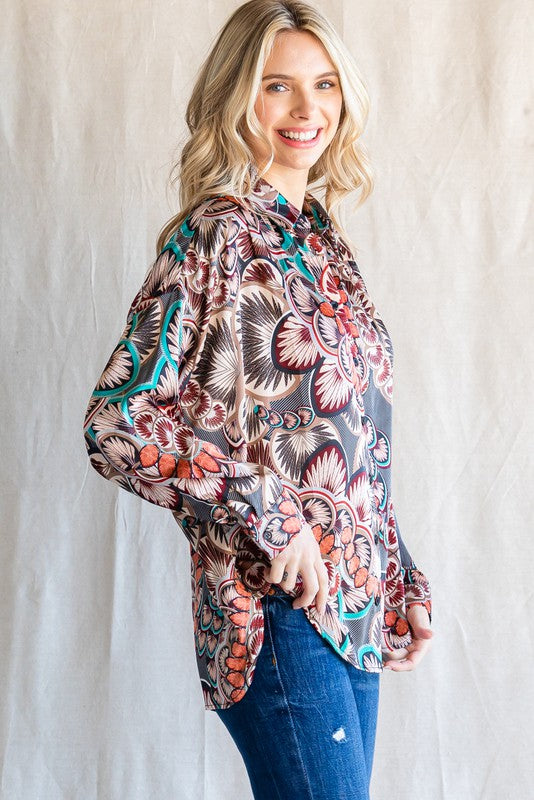 Abstract Floral Blouse in Taupe