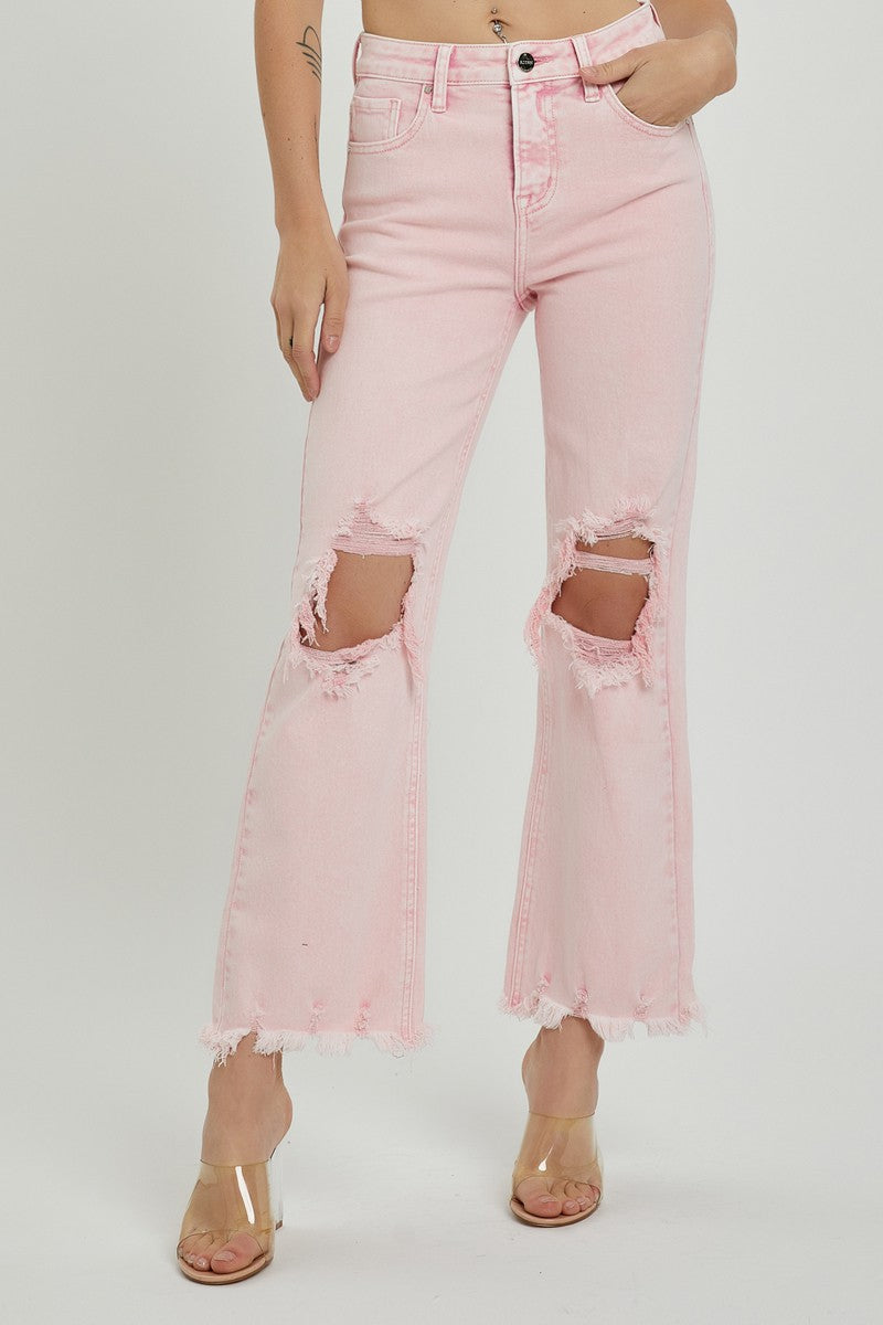 Josey Ray High Rise Distressed Straight Jeans in Acid Pink
