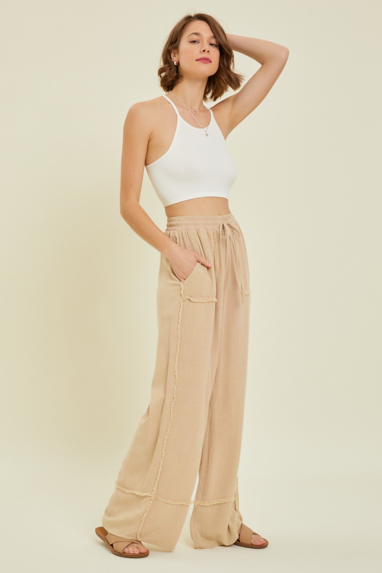 Ariana Mineral Wash Wide Leg Pants with Raw Hemming in Washed Pink