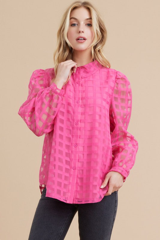 Cassie Check Textured Organza Collar Top in Pink