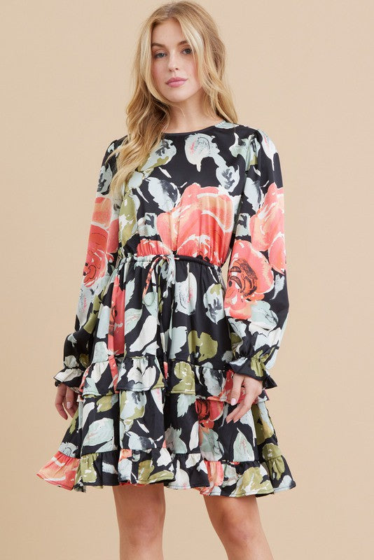 Stella Satin Flower Print Drawstring Dress
