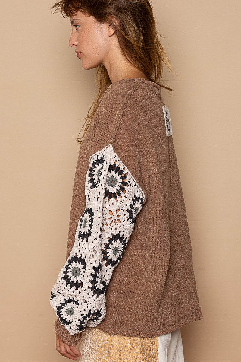 Carri Knit Top with Hand-Knit Crochet Sleeve in Almond