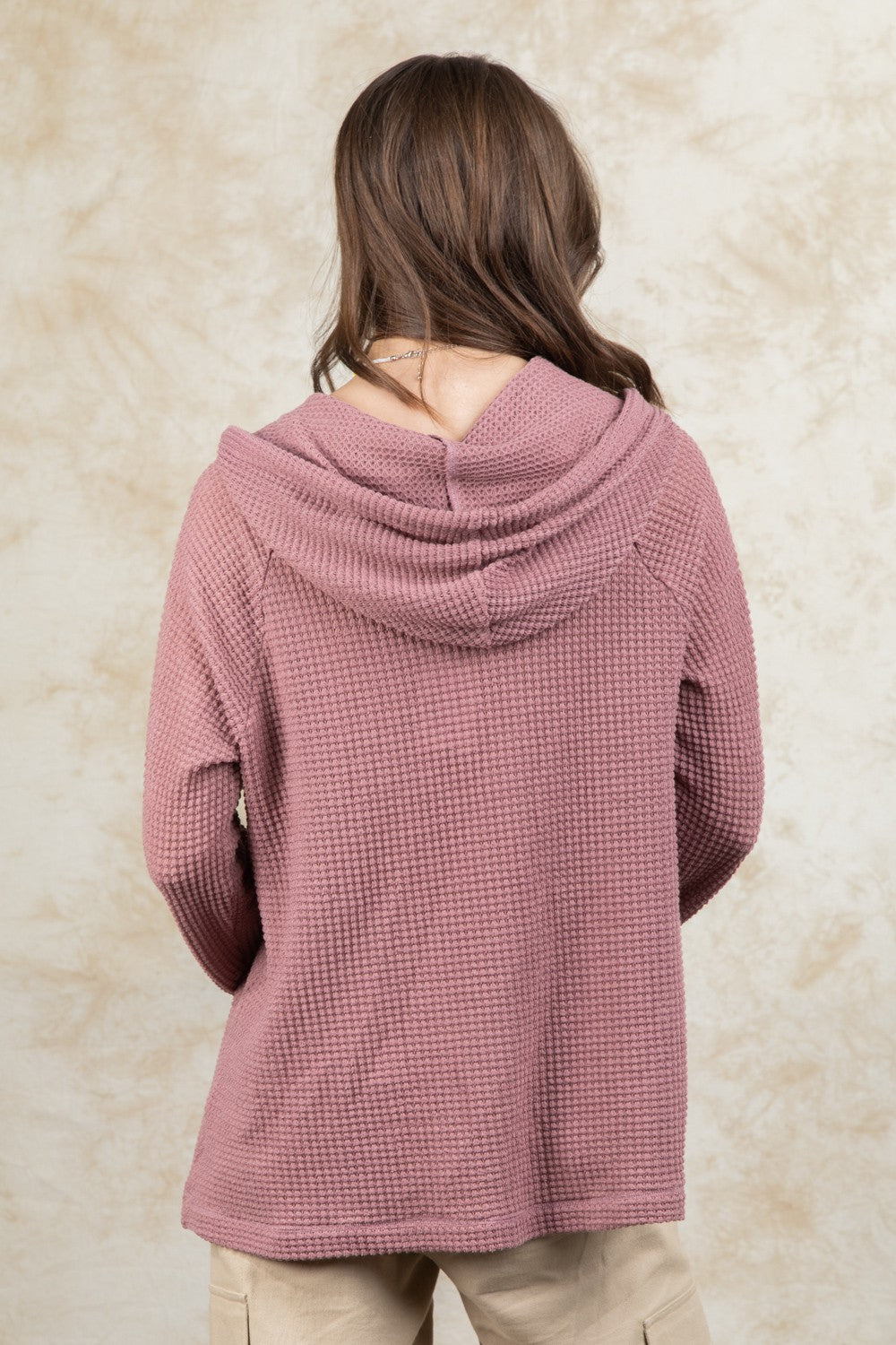 Lillith Hooded Waffle Button Up Knit Top