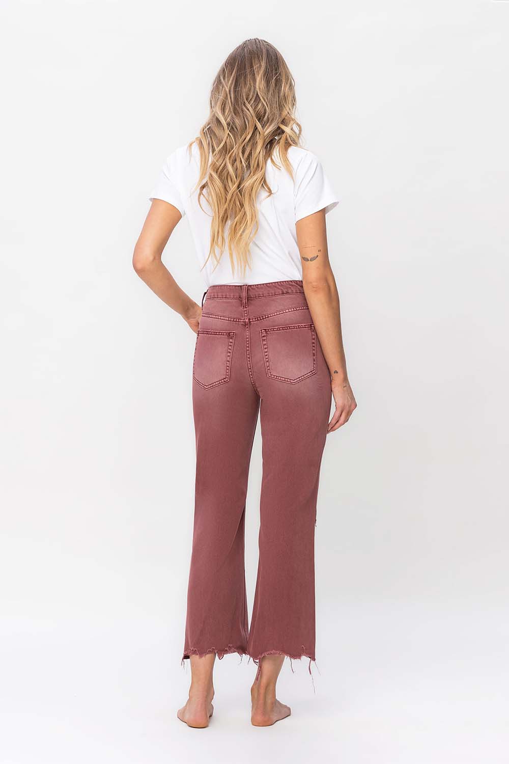 High Rise Cropped Flare Distressed Jeans in Wine