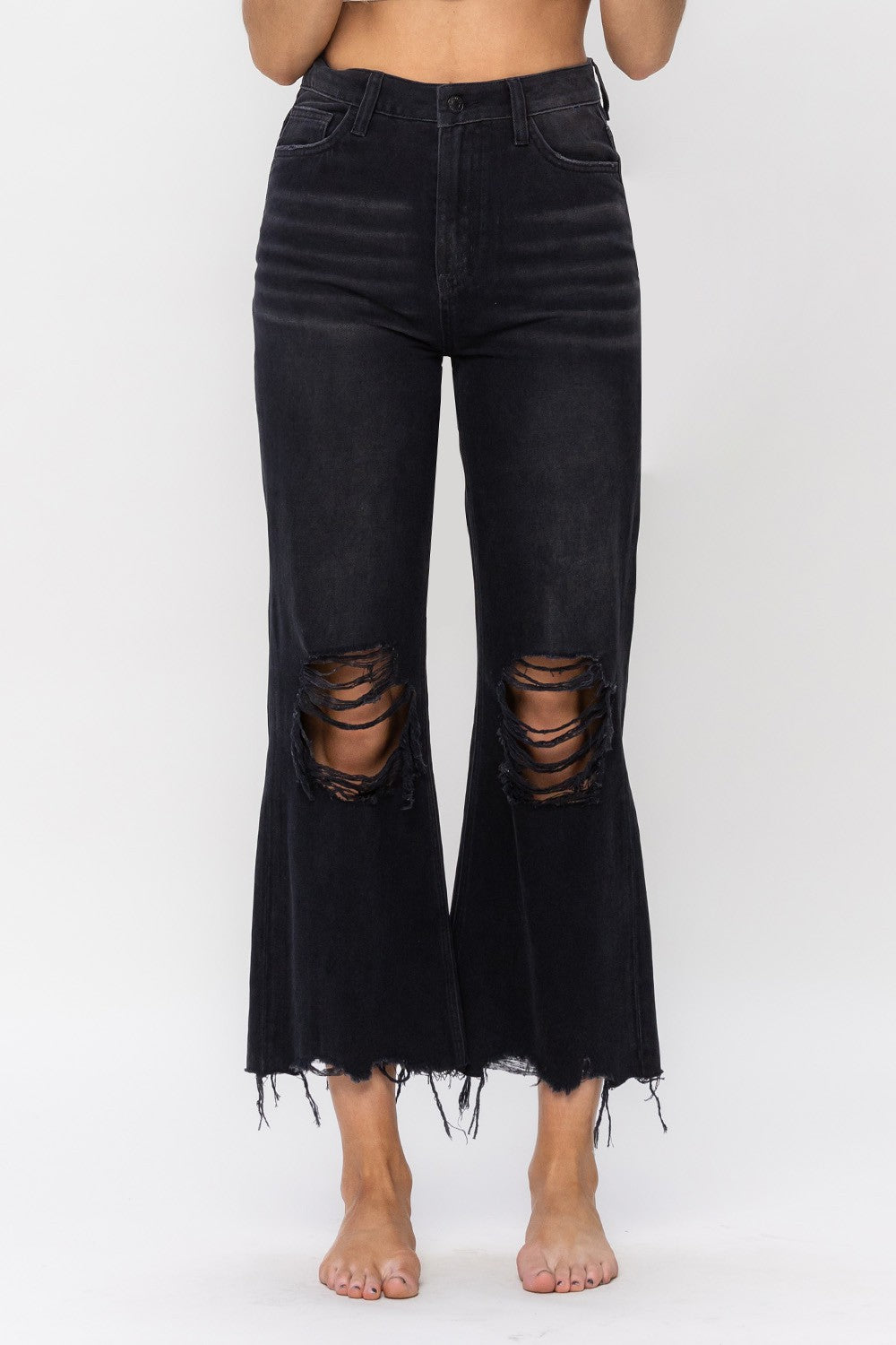 High Rise Cropped Flare Distressed Jeans in Black