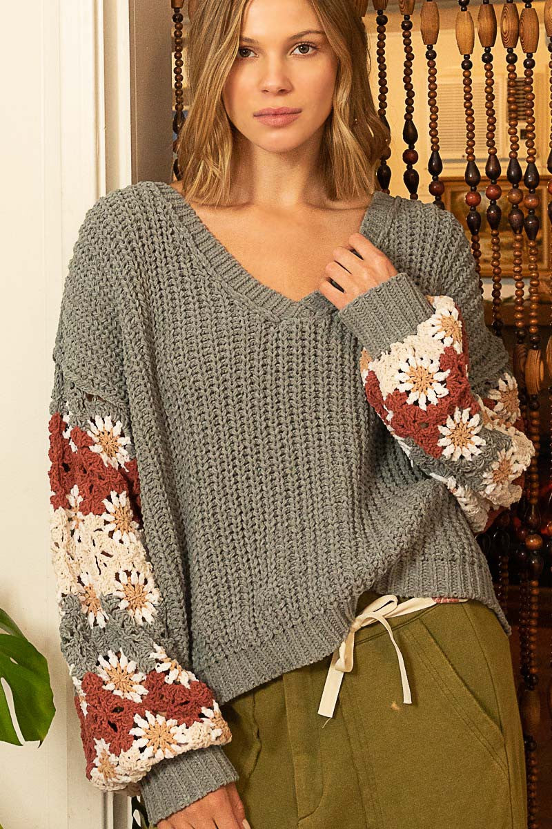 Abilene Knit Sweater with Crochet Sleeves in Olive