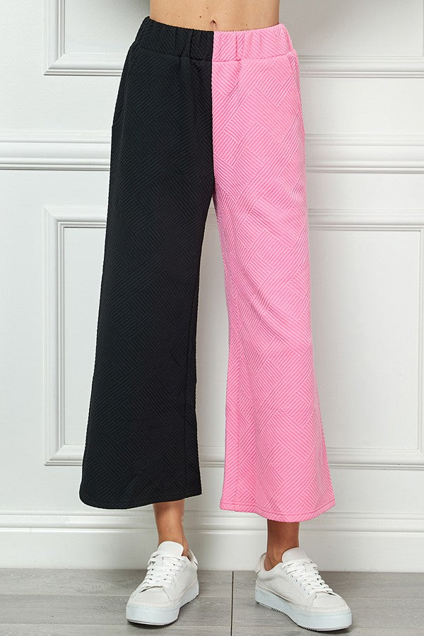 Raelynn Textured Cropped Wide Leg Pants in Black and Bubblegum