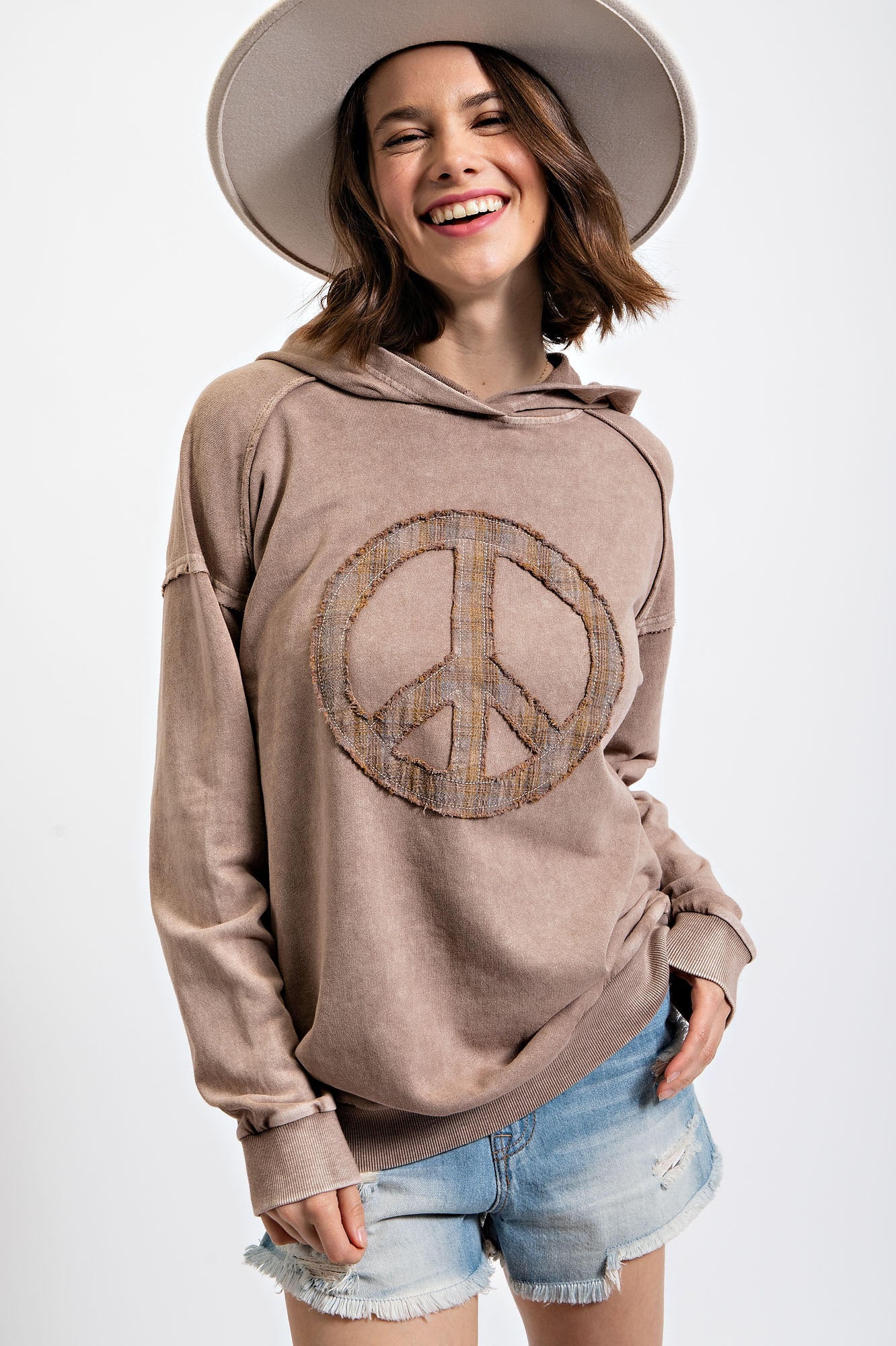 Natalie Peace Sign Mineral Washed Hoodie in Mocha