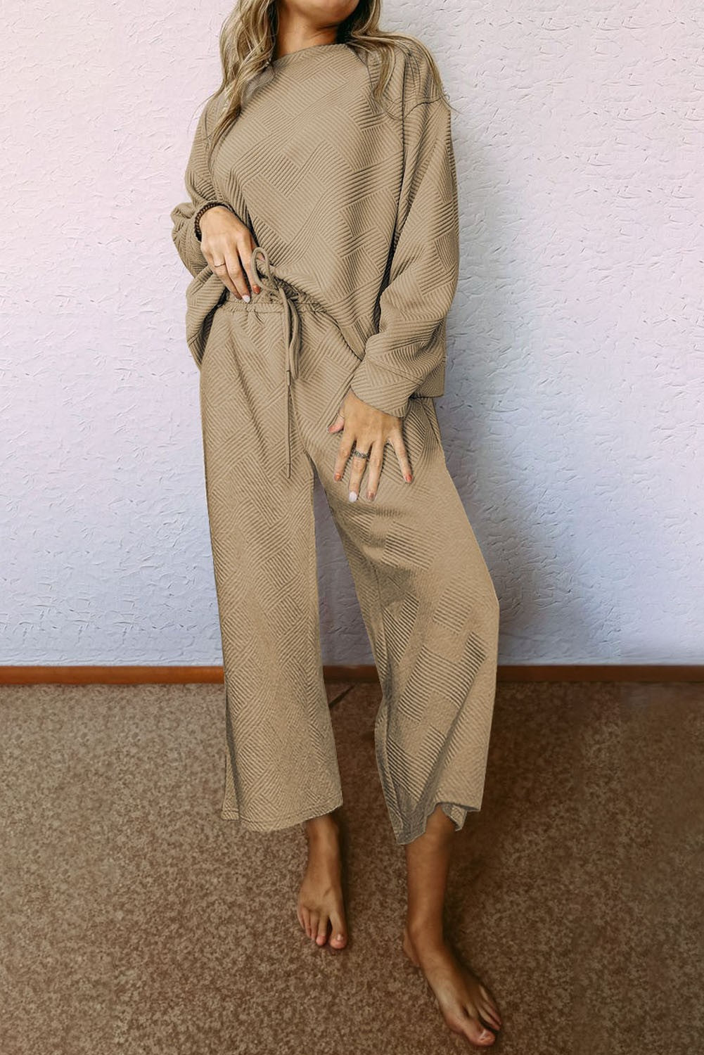 Relaxed Elegance: Textured Loungewear Cropped Wide Leg Pants in Khaki