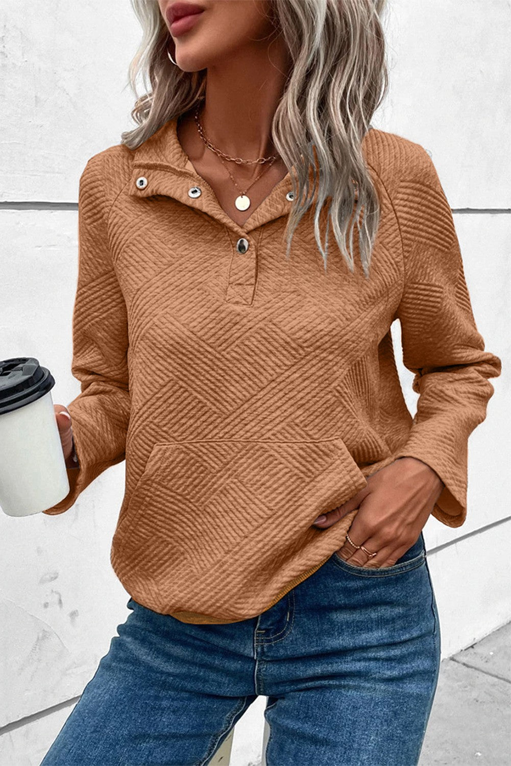 Lila Textured Knit Pullover Sweatshirt in Brown