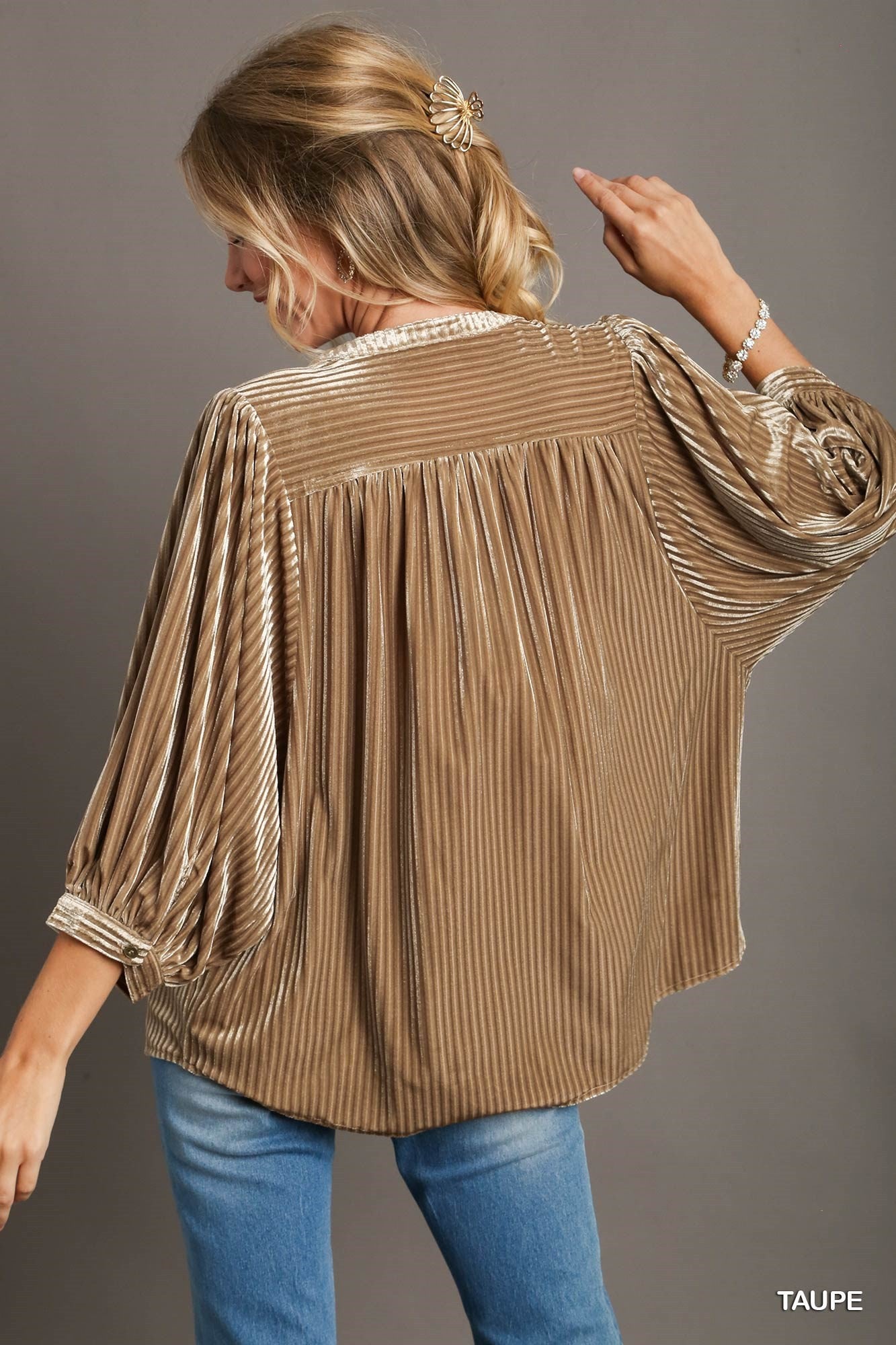 Bailey Velvet Batwing Button Down Blouse in Taupe