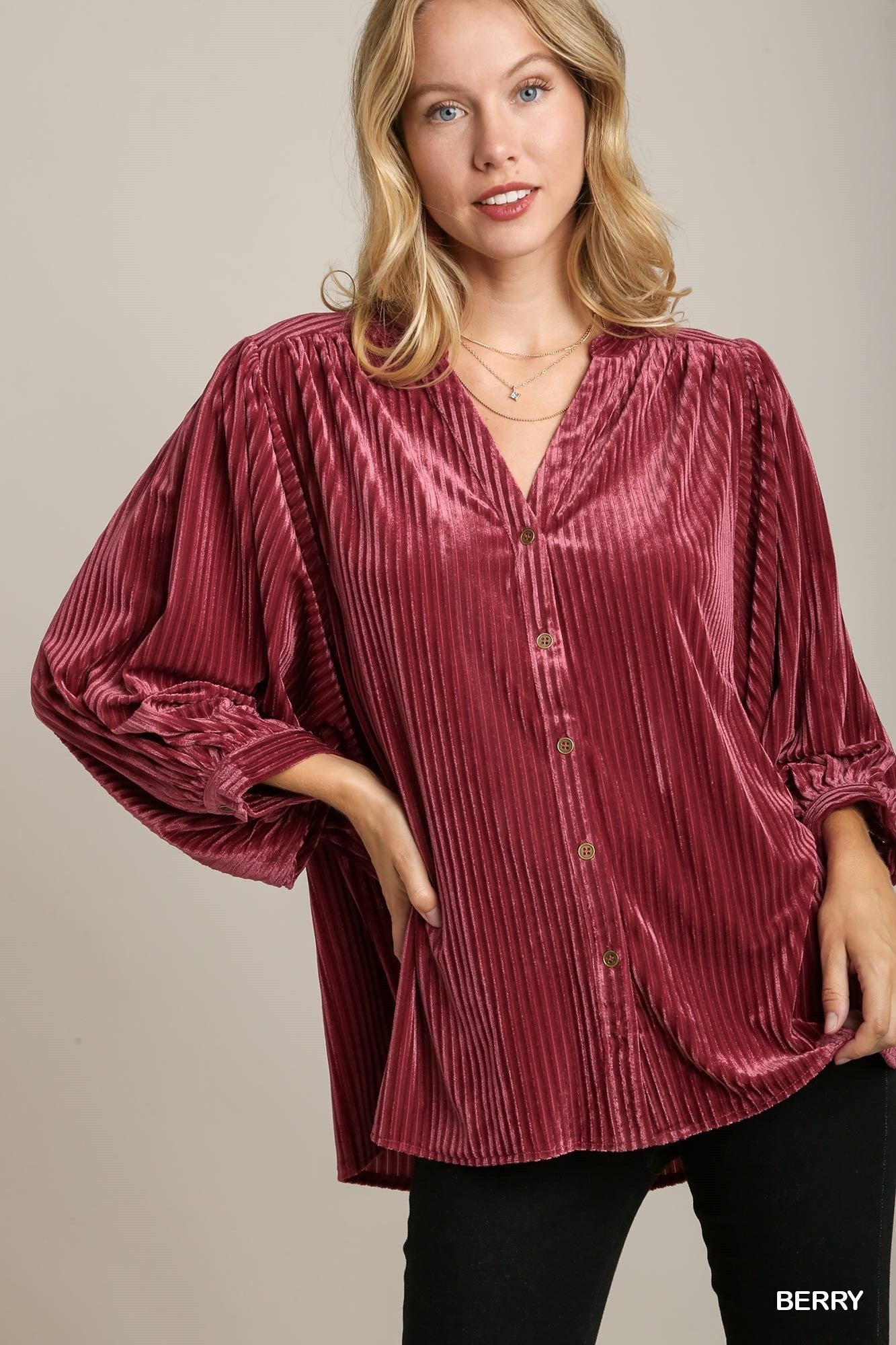 Bailey Velvet Batwing Button Down Blouse in Berry
