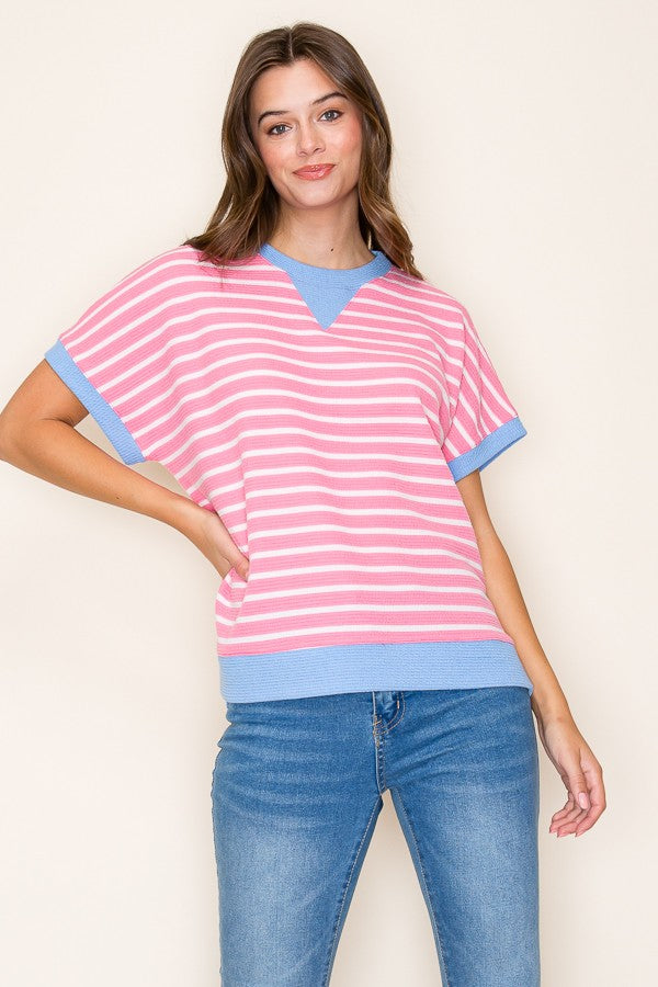PNK/BLU Stripe Knit Top T-41713